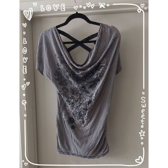 Wet Seal Blue & White Striped Floral Design Ruched Top Sz L - Picture 1 of 2